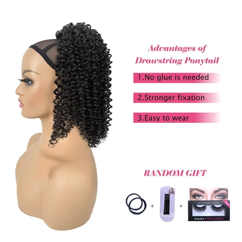 Vista 4 de Extensión de cola de caballo rizada profunda con cordón para mujeres negras, extensiones de cabello sintético con 2 clips, 14 pulgadas (1B)