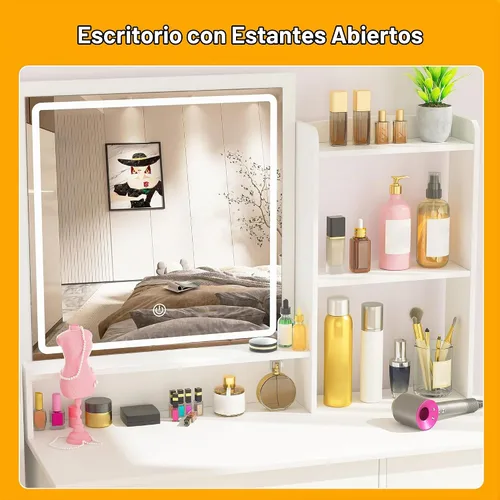 Vista 4 de Tocador de maquillaje con luces y espejo, escritorio de tocador blanco, tocador con cajones grandes, 3 modos de iluminación, espejo de longitud
