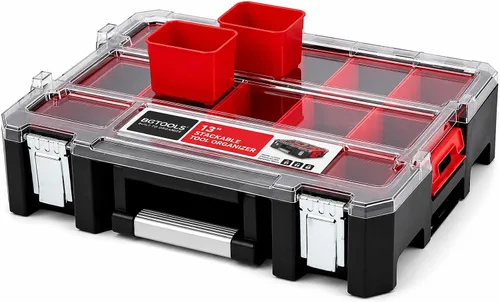 Vista 2 de Caja organizadora de bandeja profunda, estuche de almacenamiento de herramientas resistente con 15 tazas extraíbles, herrajes, plomería, contenedor