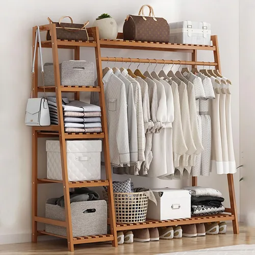 Vista 9 de Perchero de bambú para ropa, con estantes de almacenamiento y ganchos, organizador de almacenamiento de ropa abierto para entrada, dormitorio, sala