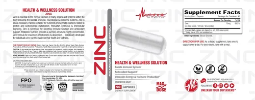 Vista 3 de Suplemento de zinc de Metabolic Nutrition, 75 mg, 90 cápsulas de zinc, apoya la función del sistema inmunológico con óxido de zinc