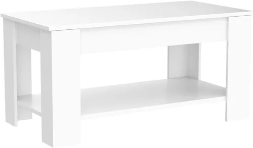 Vista 5 de Mesa auxiliar moderna, blanca, elevadora, madera, estante de almacenamiento, 28 x 28 x 24 pulgadas