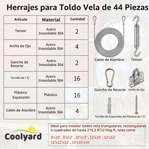 Vista 2 de COOLYARD Kit de accesorios para vela con cable de cable, cable de avión recubierto de vinilo de 48 pies (12 pies x 4), kit de colgar de 6 pulgadas