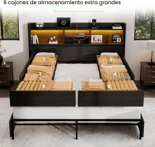 Vista 3 de BRELTAM Base de cama de almacenamiento tamaño Queen con 6 cajones, estación de carga USB, sin ruido, no requiere somier, cama de plataforma con Negro