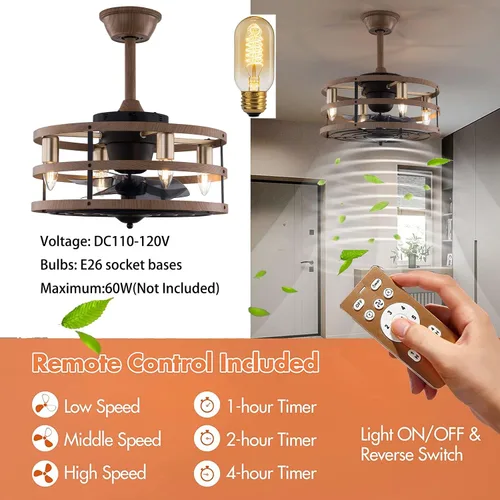 Vista 4 de OUKANING Ventilador de techo enjaulado con luz, reversible de 3 velocidades ajustables, ventilador de techo sin aspas con control remoto