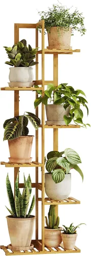 Vista 10 de Bamworld Soporte de bambú para plantas de interior con 6 niveles, estante de plantas de exterior, soporte de esquina para múltiples plantas, soporte