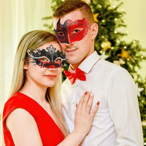 Vista 5 de MYSEUNI Máscaras de máscaras para parejas máscara veneciana de filigrana de metal brillante con diamantes de imitación y máscara veneciana