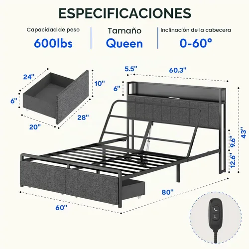 Vista 2 de FLEXISPOT Cama ajustable Queen con cabecera de almacenamiento y carga