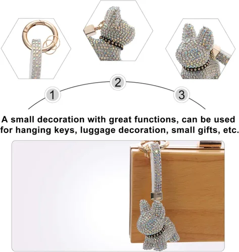 Vista 9 de ValiCLUD Bulldog Llavero Diamante Círculo de Coche Llavero Colgante Rhinestone Crystal Monedero Animal Pet Charm Bolso Mochila