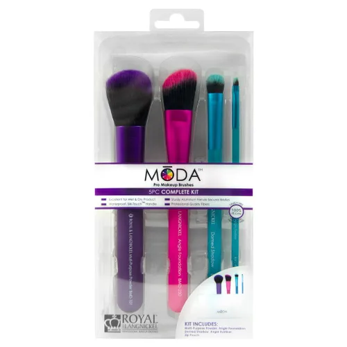 Vista 4 de MODA Juego completo de 5 brochas de maquillaje de tamaño completo con bolsa, incluye polvo multiusos, base angular, sombra abovedada y pinceles