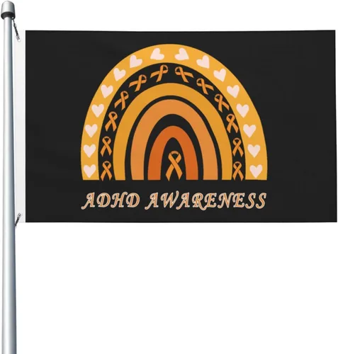 Vista 6 de Bandera de 3 x 5 pies ADHA Awareness - Cartel de doble cara con corazones de arco iris naranja grande para pared, dormitorio, sala de estar