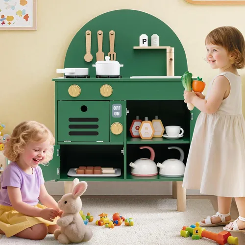 Vista 8 de Costzon Juego de cocina para niños, cocina con estufas, grifo, fregadero, microondas, gabinete, horno y accesorios de cocina, cocina de madera