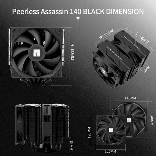 Vista 6 de Thermalrlght Peerless Assassin 140 - Enfriador de aire negro para CPU, 6 tubos de calor, disipador de calor de torres duales, ventiladores PWM