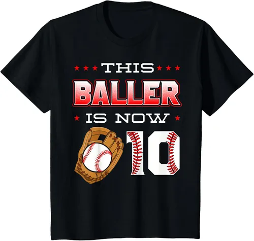 Vista 45 de This Baller Is Now 10 - Camiseta de béisbol para fiesta temática de cumpleaños número 10, Negro