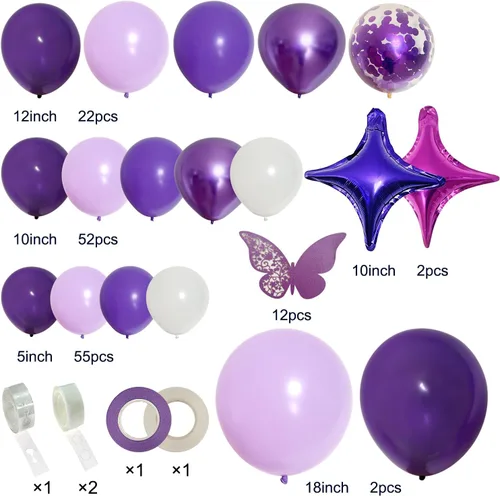 Vista 2 de PERPAOL Kit de guirnalda de globos morados de 150 piezas con calcomanías de mariposa, arco de globos de confeti morado metálico y macarrón blanco