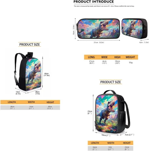Vista 22 de HUGS IDEA Juego de 3 bolsas escolares con aislamiento térmico para el almuerzo, estuche para lápices