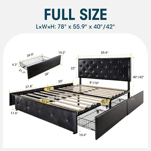 Vista 77 de WEEWAY Base de cama de plataforma tamaño King con 4 cajones de almacenamiento, cabecera capitonada con botones de costura de diamante, base de Negro