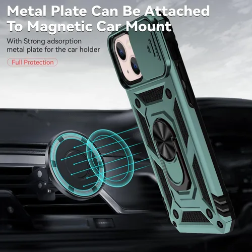 Vista 4 de Funda para iPhone 13, con cubierta para lente de cámara, protector de pantalla HD, [grado militar] anillo de montaje en coche con soporte híbrido