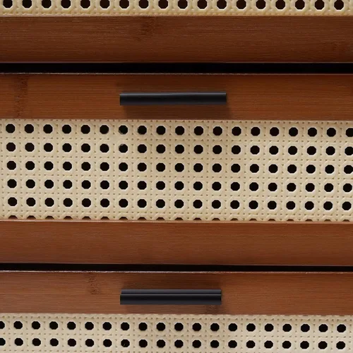 Vista 6 de Mesita de noche con cajón, mesa de noche moderna de mediados de siglo con cajón, mesa auxiliar de bambú para espacios pequeños, dormitorio, sala