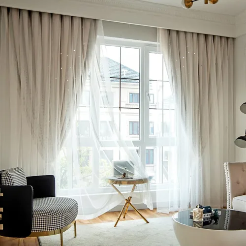 Vista 2 de Loyala Cortinas opacas con diseño de estrellas para dormitorio, doble capa, niños, bonitas, 84 pulgadas de largo, 1 panel, beige, 42 x 84 pulgadas