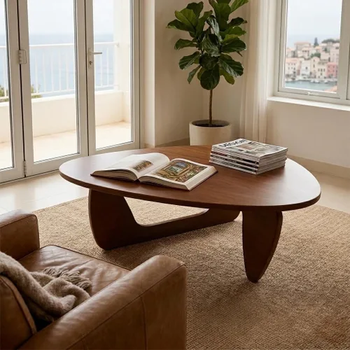 Vista 7 de Mesa de centro moderna de madera maciza, mesa central triangular única para sala de estar, 35.4 x 22.8 x 16.5 pulgadas, nogal