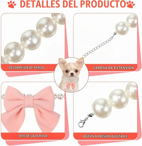Vista 3 de LEIFIDE Collar de perlas para perro, joyería con colgante de lazo rosa, collares de perlas elegantes, collar ajustable para perros y gatos, collar