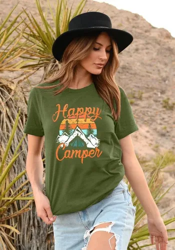 Vista 2 de Camiseta con la leyenda Happy Campers para mujer divertida y linda camiseta gráfica de manga corta con letras impresas, camisetas casuales