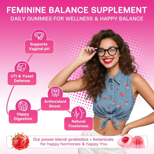 Vista 8 de Gomitas de equilibrio femenino para mujer, gomitas de equilibrio de pH prémium con probióticos para el equilibrio de la flora vaginal, suplemento