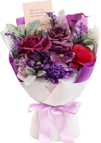 Vista 14 de Ramo de flores preservadas de color naranja, ramo de regalo para mujeres, regalo de flores falsas eternas para Navidad, aniversario, cumpleaños
