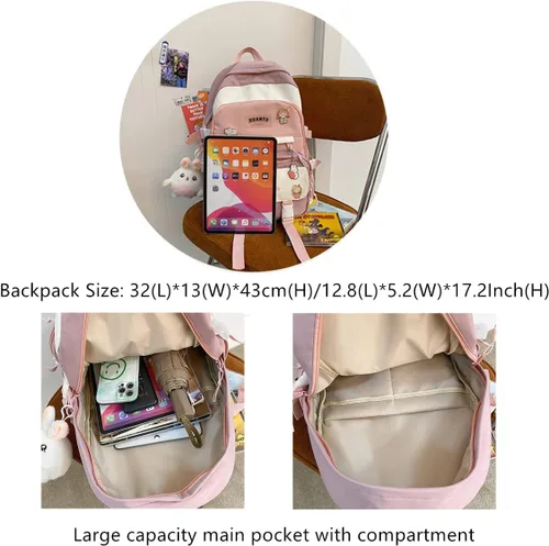 Vista 3 de Mfikaryi Mochila kawaii para niñas, bolsas escolares estéticas, bolsa de libros con bonito colgante de felpa para adolescentes, Púrpura, Mochilas