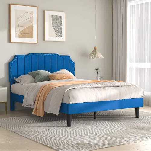 Vista 3 de VECELO Base de cama tamaño matrimonial tapizada con cabecera ajustable copetuda/base de colchón con soporte de listones de madera, fácil montaje