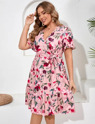 Vista 5 de KOJOOIN Vestido cruzado con cuello en V para mujer, talla grande, cintura alta, manga corta, vestido midi casual de verano con cinturón