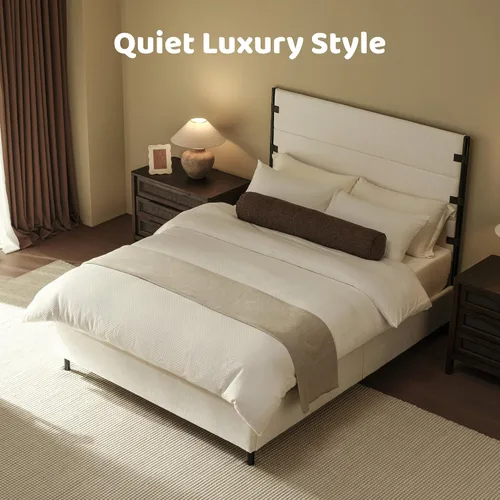 Vista 3 de Recci Base de cama tapizada de tamaño matrimonial con cabecero alto con Chenille beige