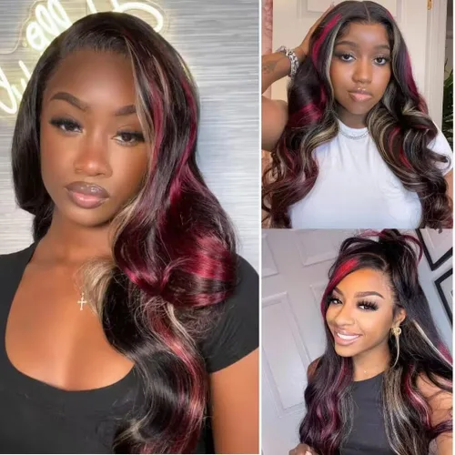 Vista 4 de abgese Peluca de cabello humano ondulado con reflejos rojos, pelucas de cabello humano ondulado con encaje frontal, densidad del 180 %, encaje