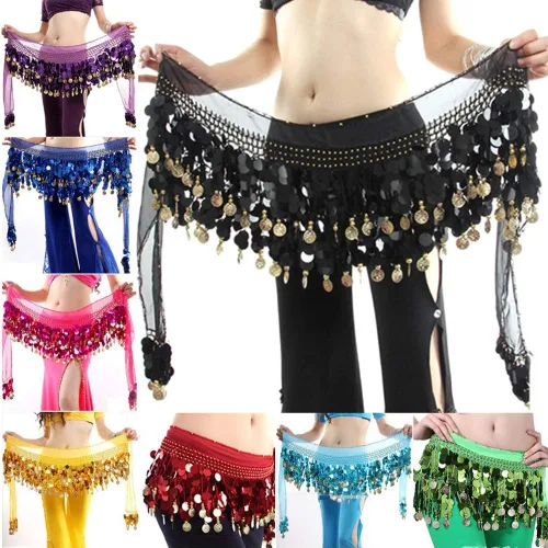 Vista 4 de Pañuelo para danza del vientre, falda para danza del vientre, monedas de lentejuelas brillantes, disfraces de bailarina del vientre para mujer