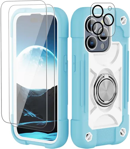 Vista 123 de Funda para iPhone 11 de 6.1 pulgadas con soporte de anillo, con 2 protectores de pantalla de vidrio, resistente a los golpes, resistente a