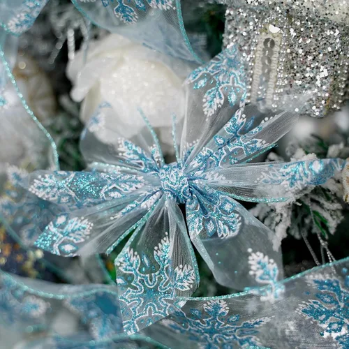 Vista 8 de HUIHUANG Cinta con alambre con purpurina de copo de nieve, cinta de copo de nieve azul y blanca para árbol de Navidad, 2-1/2 pulgadas x 25 yardas