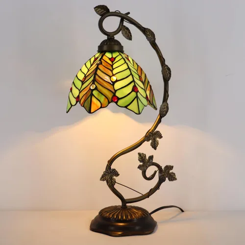 Vista 4 de Tiffany Table Lamp, Stained Glass Desk Light, 8X10X21 Inches, Metal Leaf Base (Brown Green Leaf)