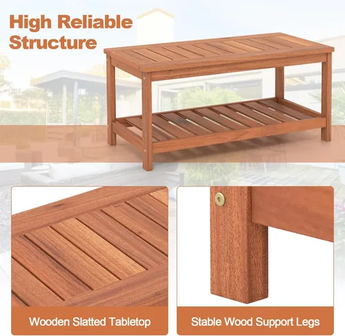Vista 5 de Giantex Mesa de centro de madera dura para patio, mesa de centro de madera de 2 niveles con mesa de listones y estante de almacenamiento, mesa