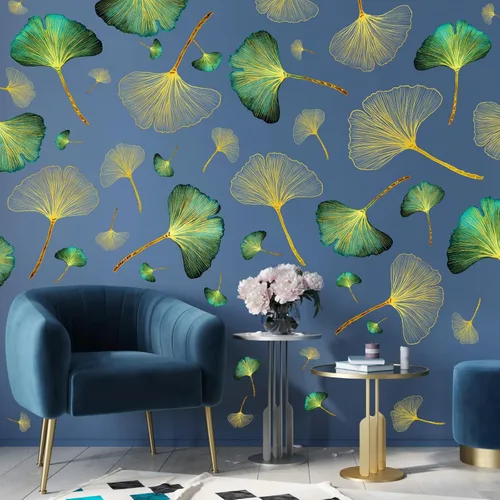 Vista 8 de Calcomanías de pared de hojas doradas, calcomanías de pared de hojas verdes, calcomanías de pared modernas para dormitorio, sala de estar, Oro