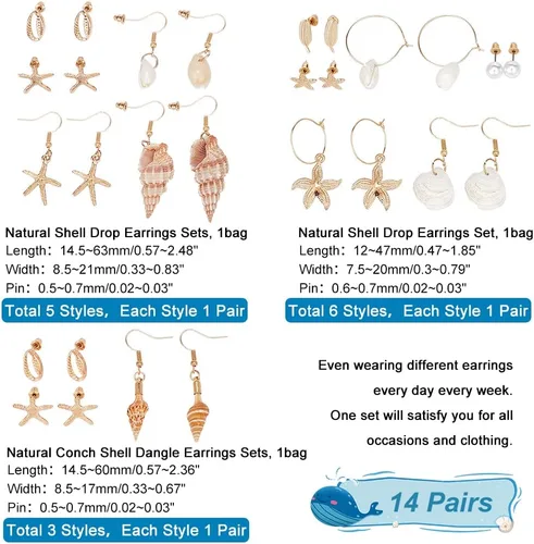 Vista 2 de PH PandaHall 14 pares de aretes de concha de estrella de mar, aretes de aro de conchas marinas, aretes de sirena para disfraz de sirena, aretes
