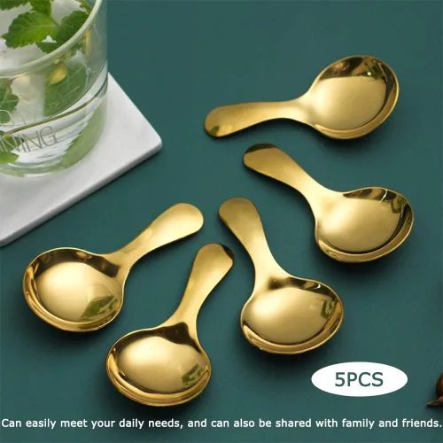 Vista 6 de Watris Veiyi - 5 cucharas de mango corto para condimentos de azúcar, café, té Cucharas pequeñas para postres de sal, mini cucharas doradas