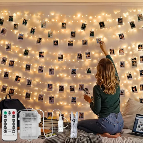 Vista 16 de SUDDUS Luces de Hadas de 16 pies con 50 LED y 22 clips, funciona con batería/USB, luces parpadeantes para fotos con control remoto y temporizador