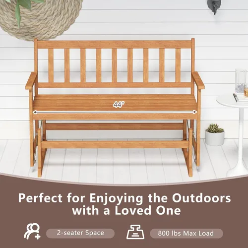 Vista 8 de Tangkula Banco planeador de madera de acacia para 2 personas, resistente 800 libras, sofá biplaza mecedora para patio con asiento y respaldo