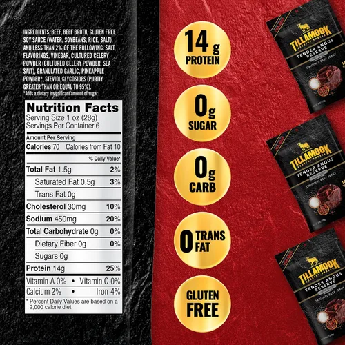 Vista 2 de Tillamook Country Smoker Tender Angus Reserve Original Beef Jerky, bolsa de 6 oz, Carne de res Angus de EE. UU. ahumada lentamente con madera real