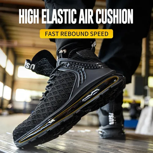 Vista 2 de SYLPHID Zapatos deportivos con punta de acero para hombre, zapatos de seguridad para mujer, zapatos de trabajo altos con cojín de aire, ligeros