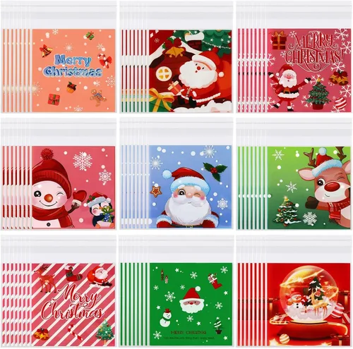Vista 11 de FEBSNOW 450 bolsas de dulces de Navidad, bolsas autoadhesivas de celofán, bolsas de plástico para galletas para Navidad, fiestas, regalos
