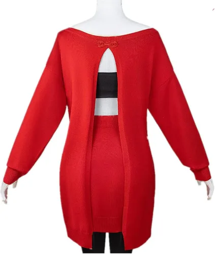 Vista 3 de COLSA Disfraz de cosplay para mujer, suéter rojo anime, uniforme de Halloween, conjunto completo con aretes