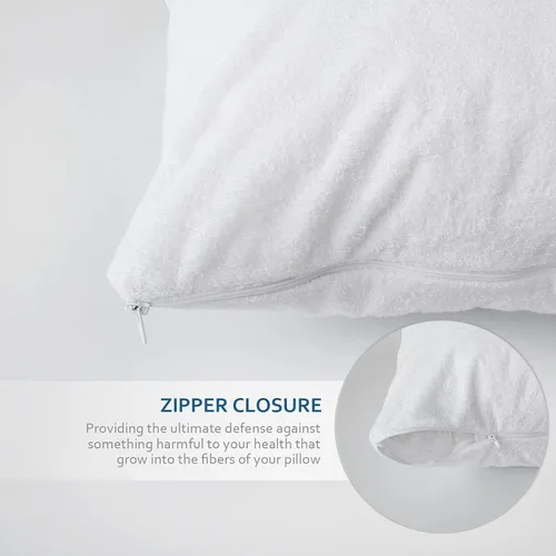 Vista 3 de Juego de 4 protectores de almohada impermeables de tamaño estándar con cremallera, viscosa de alta calidad hecha de bambú de rizo blanco, funda