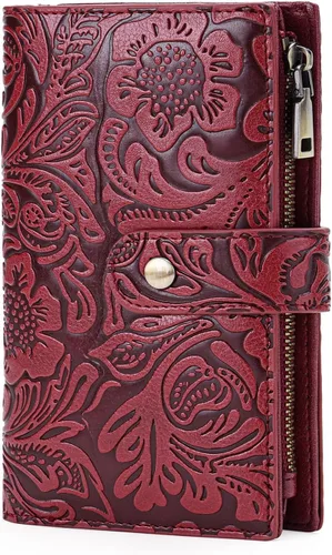 Vista 9 de GOIACII Cartera de viaje para mujer, con bloqueo RFID, triple pliegue, con bolsillo con cremallera para monedas, A01 café, Classic
